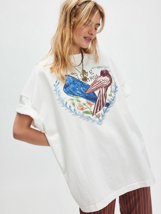 Free People Tops - Free People 'Love Birds' Graphic Tee in White with Blue & Brown Birds
